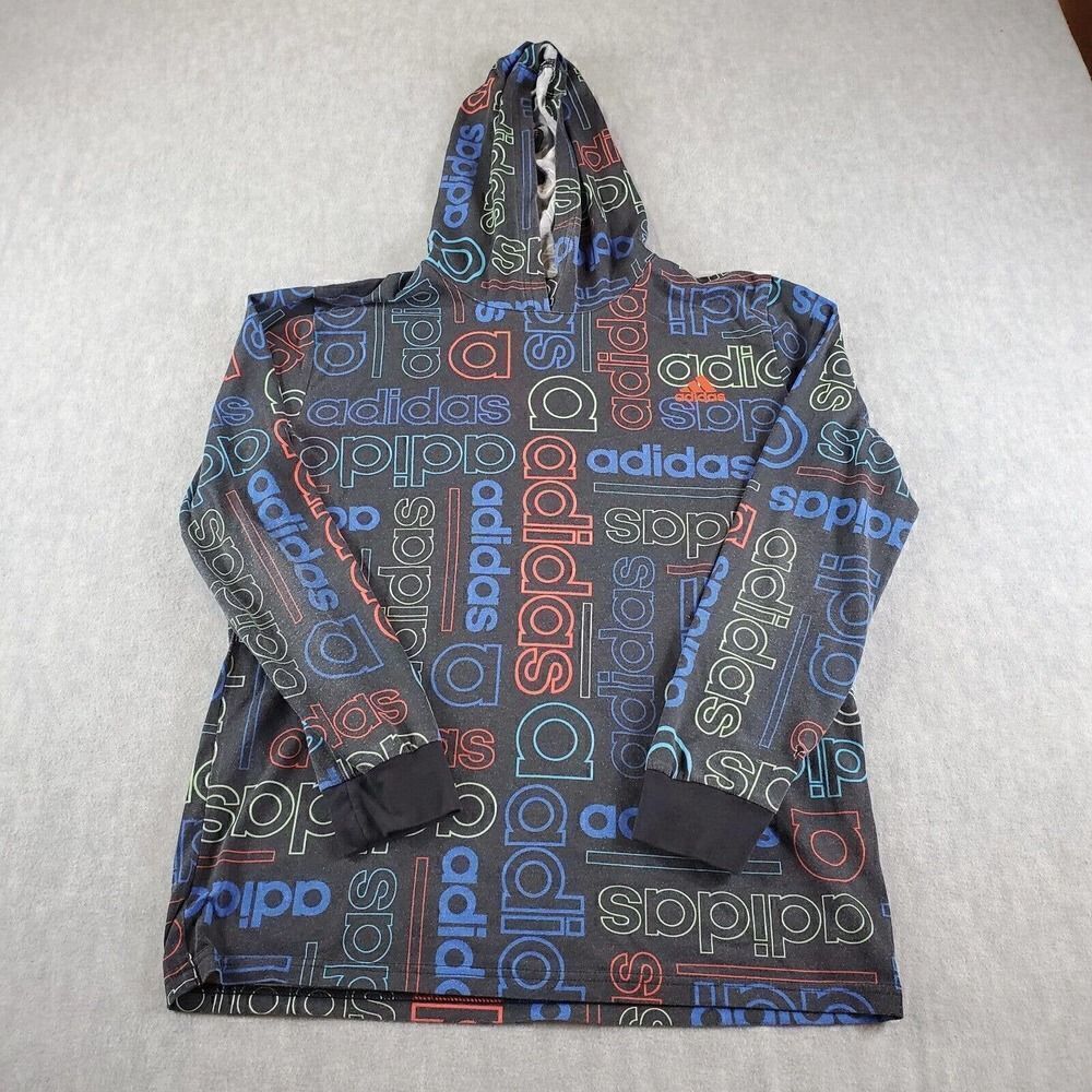 Adidas Hoodie Youth Large 14/16 Black Multicolor All Over Spellout Light Shirt